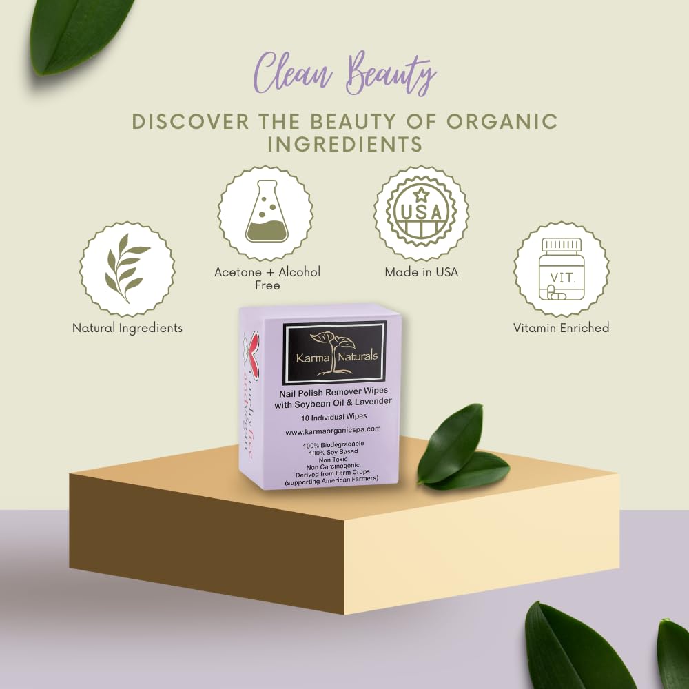 Karma Organic Natural Nail Polish Remover Wipes with Soybean and Lavender Oil, 100% Soy Based, Non-Toxic, Vegan, Cruelty-Free – Pack of 10