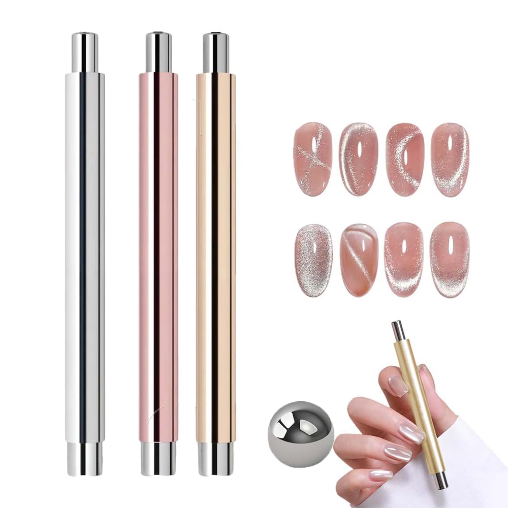 Cat Eye Magnet for Nails, 2026 New Double-head Magnet Wand with Round Nail Magnet Beads Nail Polish Magnet Pen Magnetic Cat Eye Gel Polish Nail Design Tool for Home DIY, Salon, Rose Gold (3PC Mix)