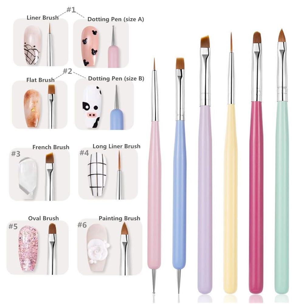 6 PCS Nail Art Brushes Set, Nail Painting Brushes Nail Art Liner Brushes and Nail Art Dotting Pens, H - 6PCS