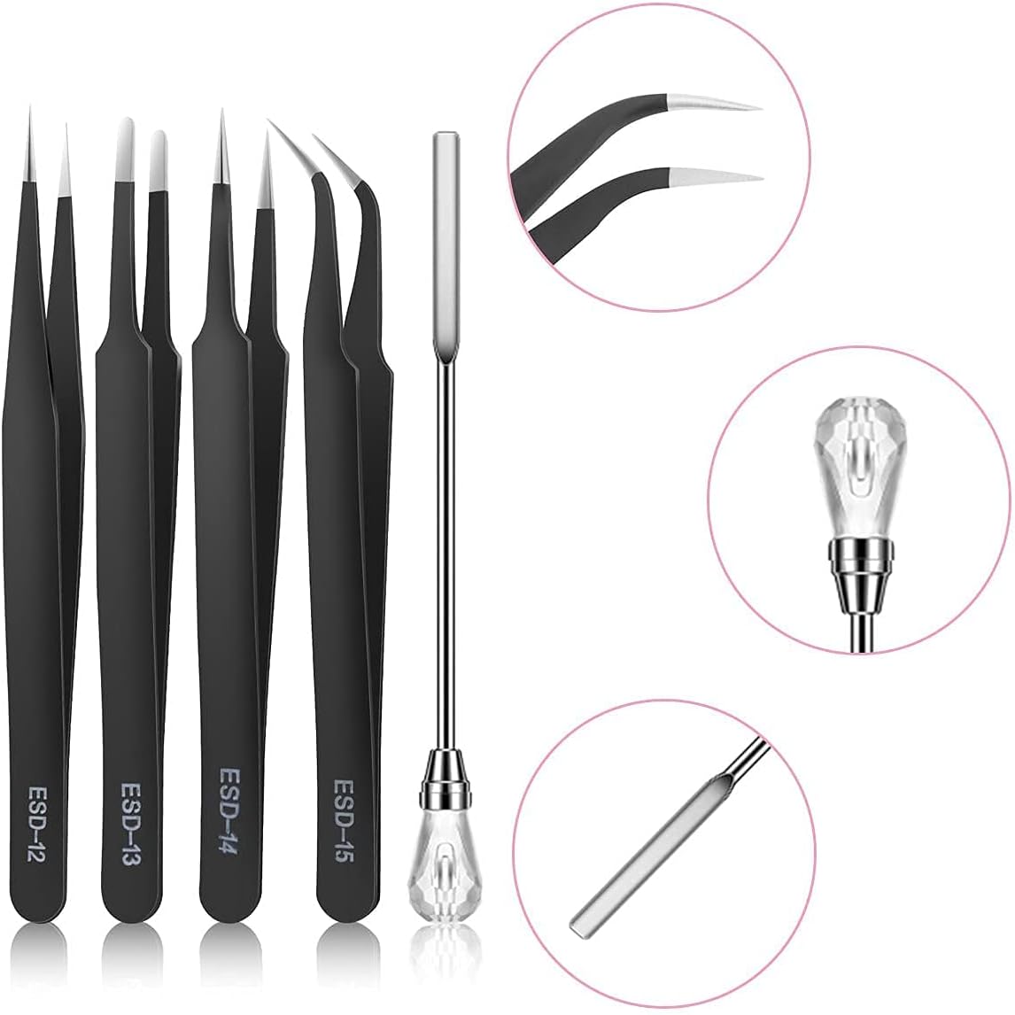 MSDADA 11 Pcs Silicone Resin Mold Tools Set Stirring Needle Spoon Tool Tweezers Precision Kit, Anti-Static Electronics Tweezers Set for Resin Art Crafts,Jewelry Making(Rose Red+White)
