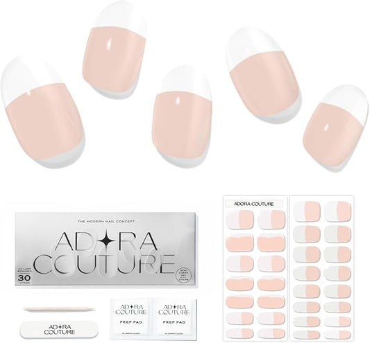 Semi Cured Gel Nail Strips with 30 Pieces - Salon Quality Manicure Kit for Women Easy Application Wraps Includes Prep Pads Nail File Wooden Stick, UV Light Required (French. Love)