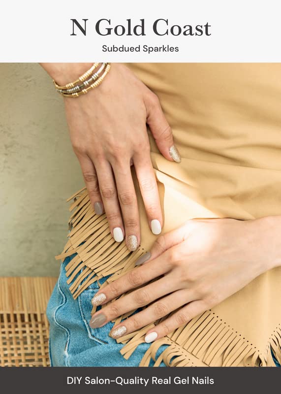 ohora Semi Cured Gel Nail Strips (N Gold Coast) - Brown, Glitter, Works with Any UV/LED Lamps, Salon-Quality, Long Lasting, Easy to Apply & Remove - Includes 2 Prep Pads, Nail File & Wooden Stick