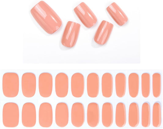 No Lamp Gel Nail Strips 22 Pcs Wraps - Pale Orange, Solid, Easy Apply Gel Nail Stickers Long Lasting, Salon-Quality, 2 Prep Pads, 1 File, 1 Wooden Stick