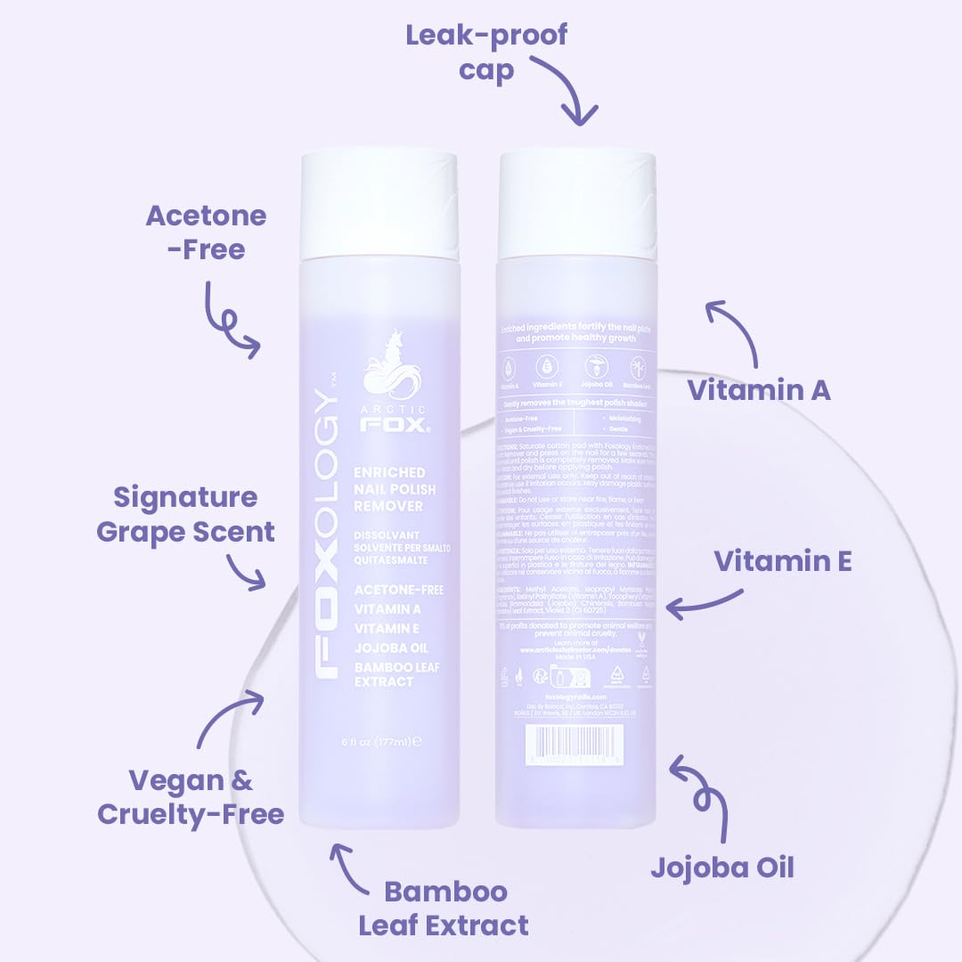 Foxology Nail Polish Remover, Acetone-Free, Enriched with Vitamin A & E, Jojoba Oil, Bamboo Leaf Extract, Vegan, Cruelty-Free, Leak-Proof, Grape Scent, Made in USA, 1 Pack, 6 fl oz