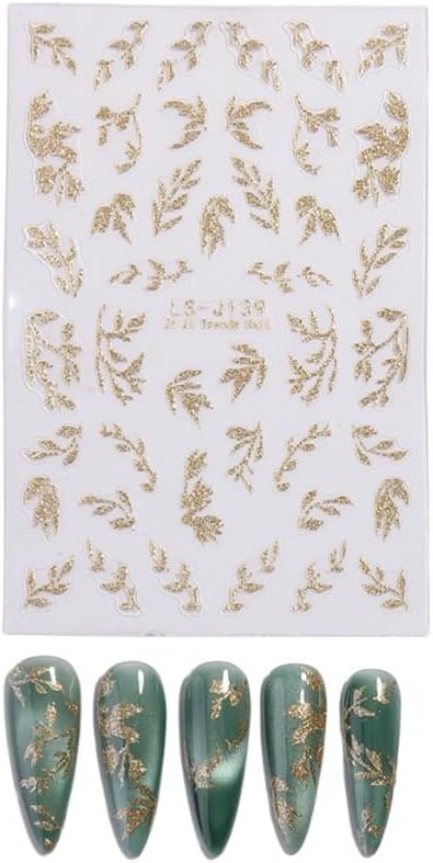 New Chinese Style Nail Stickers - Gold Foil Glitter Golden Branches Jade Leaves Design, Self-Adhesive Nail Art Decals A Set of 1 Sheets
