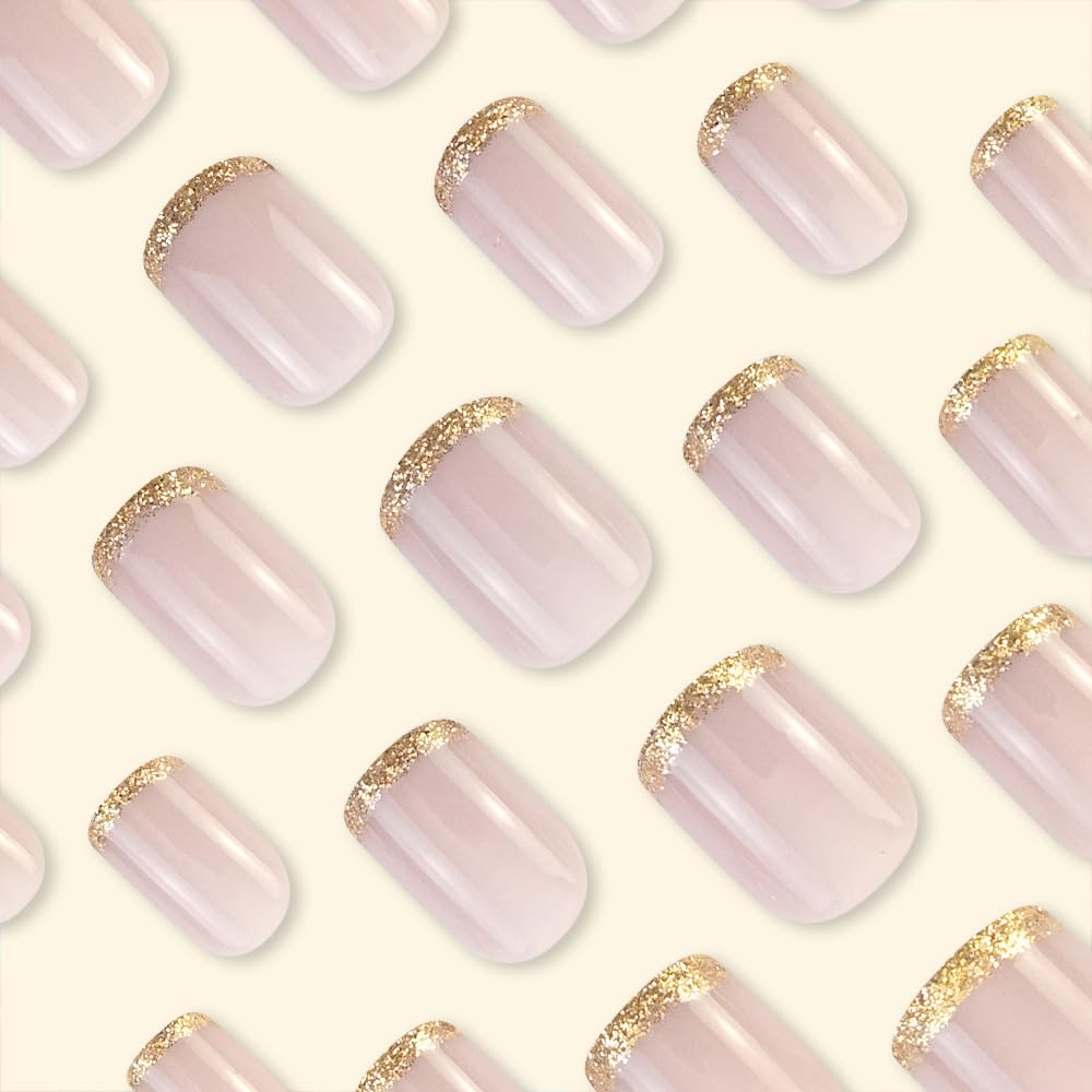 Press On Nails Short Square, Pink Fake Nails with French Tips and Gold Border Accent Glitter Designs, Glossy Gel Finish Acrylic Nails Press Ons Short, Thick Natural Reusable Glue On Nails Kit