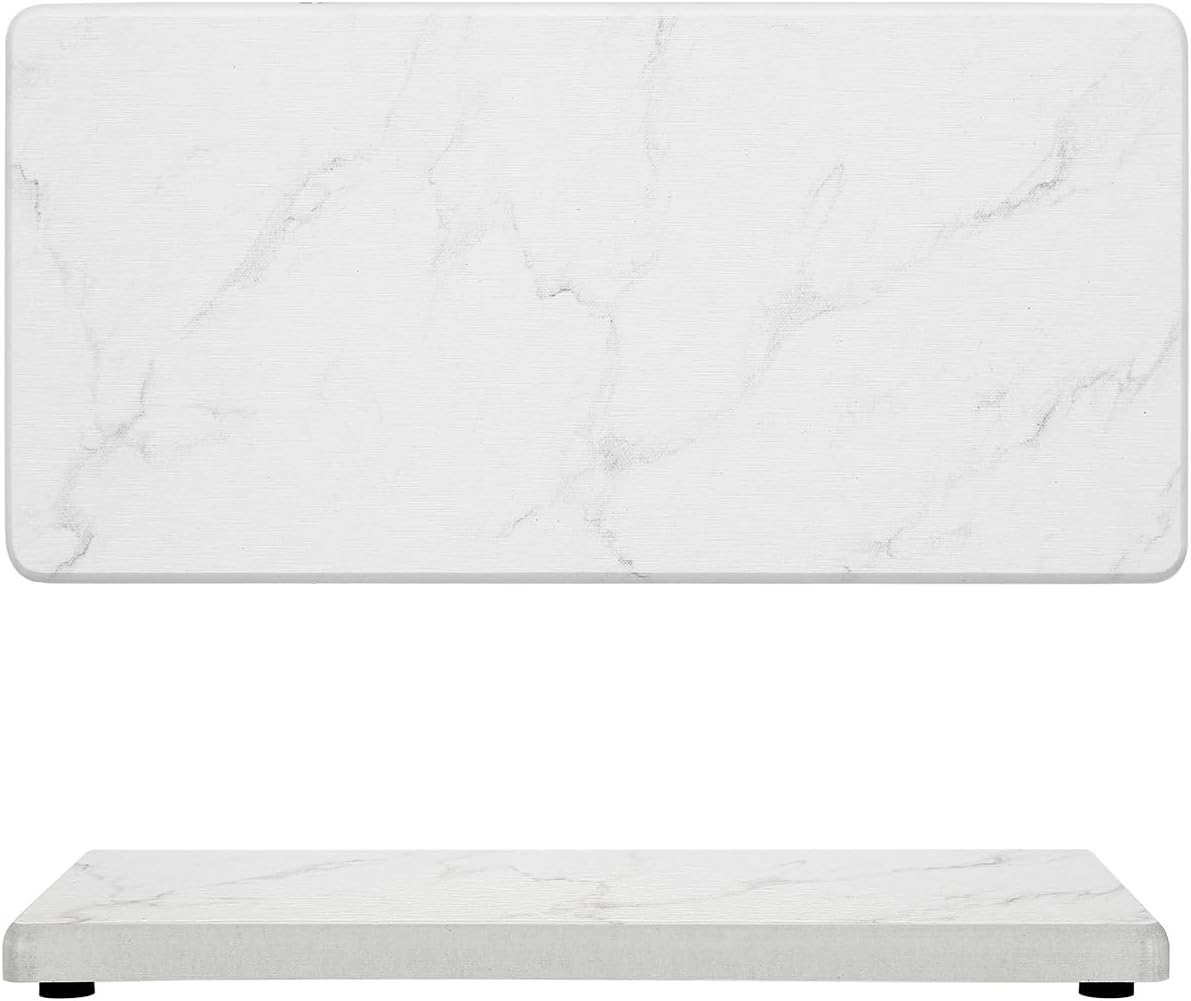 2PCS 10"x 5" Large Bathroom Sink Vanity Trays, Water Absorbing Diatomite Stone Quick Drying Mat for Kitchen Counter, Dish Rack Dispensers Sponge Holder Caddy Organizer, Marble White, 10"x 5"