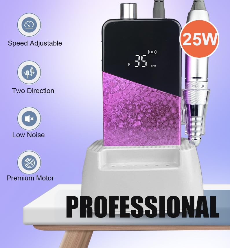 Electric Nail Drill Machine,Lumcrissy Colorful Rechargeable 35000 RPM Nail Drill Portable E-File with Detachable Battery,Portable Electric Acrylic Nail Tools ,Polishing,Nail Removing (Pink)
