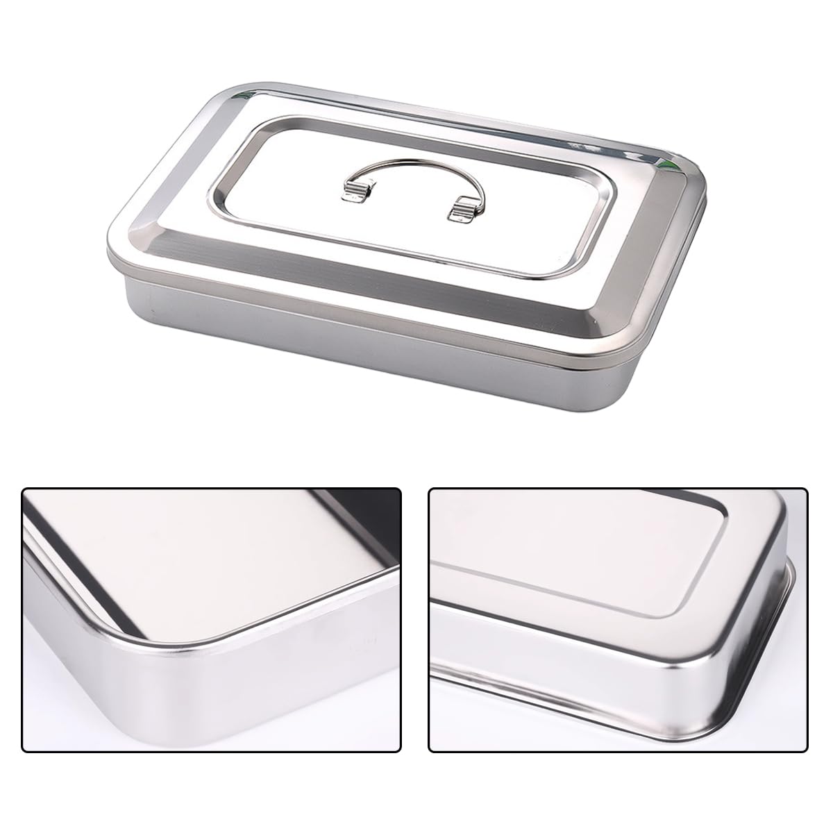 Easyinsmile Medical Surgical Tray Dental Sterilization Instruments Tray Organizer Holder with Lid & Handle Grip (Silver)