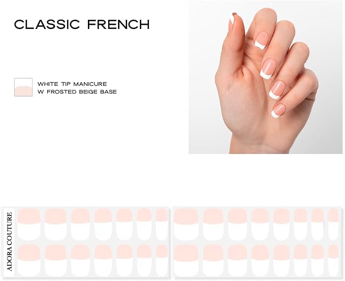 Semi Cured Gel Nail Strips with 30 Pieces - Salon Quality Manicure Kit for Women Easy Application Wraps Includes Prep Pads Nail File Wooden Stick, UV Light Required (Classic French)