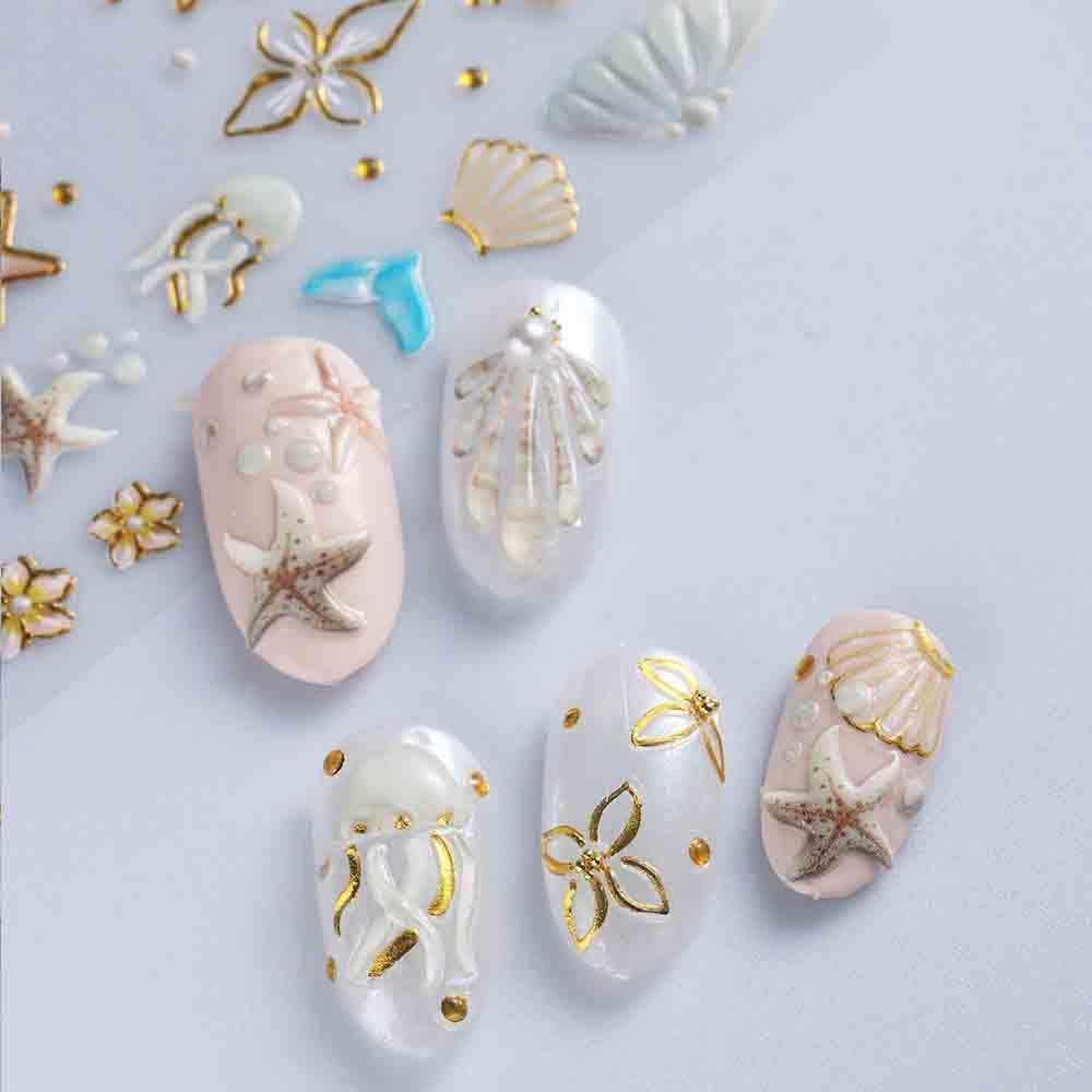 3D Beach Theme Nail Art Stickers, Starfish and Seashell Design, Gold Accents, 4 Sheets