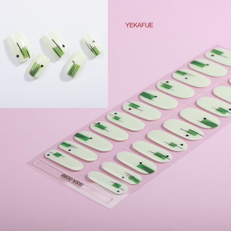 No Lamp Gel Nail Strips 22 Pcs Wraps - Mint Green, Easy Apply Gel Nail Stickers Long Lasting, Salon-Quality, 2 Prep Pads, 1 File, 1 Wooden Stick