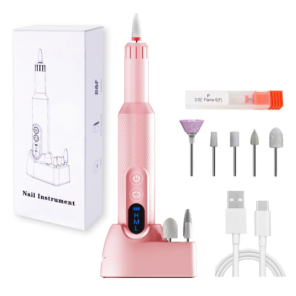 Pinkiou Electric Nail Drill, Cordless Electric Nail File ,Manicure Pedicure Kit for Acrylic,Gel Nails,Rechargeable Nail Drill,Professional Nail Grinder for Home Salon Use（Pink）