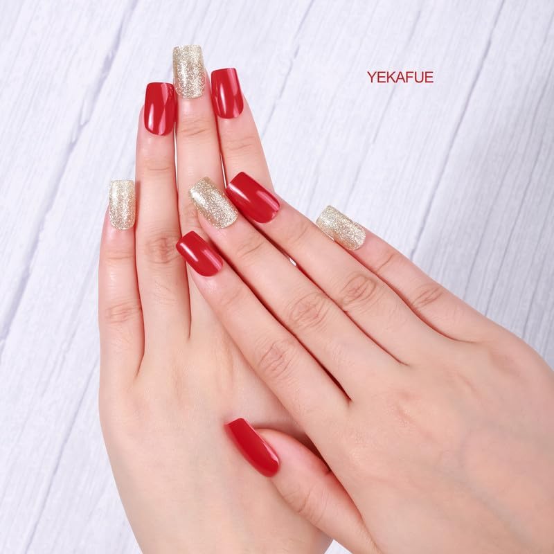 Gel Nail Strips 20 Pcs Wraps - Red Gold Glitter, Easy Apply Gel Nail Stickers Long Lasting, Salon-Quality, 2 Prep Pads, 1 File, 1 Wooden Stick, UV Light Required