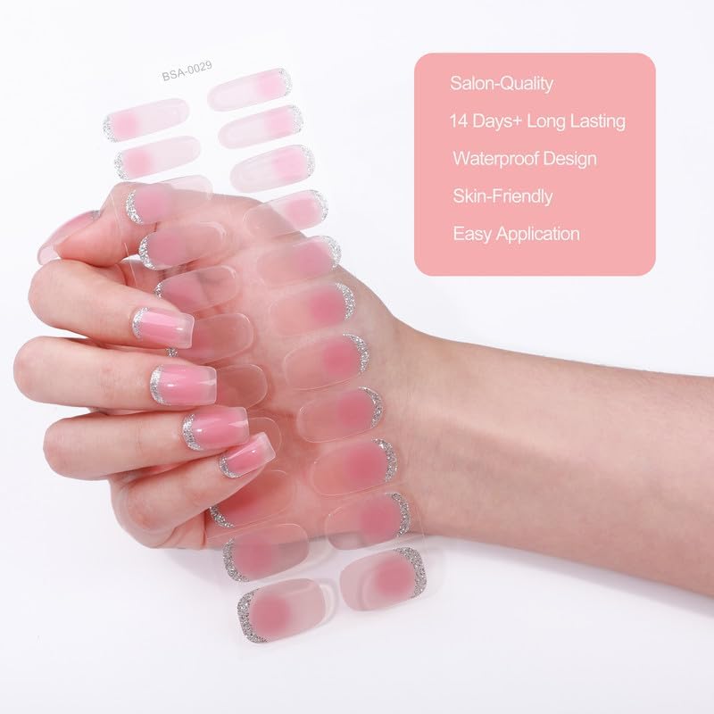 No Lamp Gel Nail Strips 22 Pcs Wraps - Pink Silver Glitter, Easy Apply Gel Nail Stickers Long Lasting, Salon-Quality, 2 Prep Pads, 1 File, 1 Wooden Stick