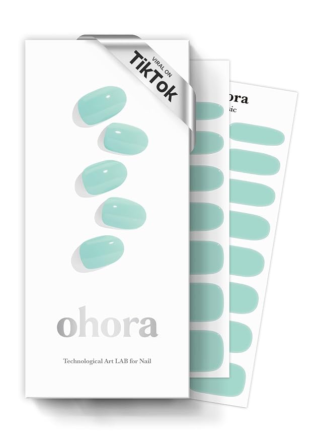 ohora Semi Cured Gel Nail Strips (N Cream Window) - Green, Solid, Works with Any UV/LED Lamps, Salon-Quality, Long Lasting, Easy to Apply & Remove - Includes 2 Prep Pads, Nail File & Wooden Stick