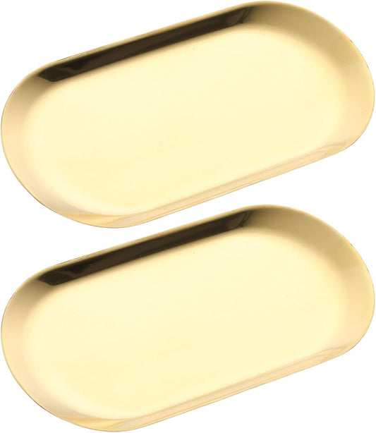 2 Pack Stainless Steel Gold Decorative Tray, Small Oval Perfume Jewelry Trinket Dish, Candle Key Manicure Tools Metal Placing Plate, Bathroom Vanity Trays for Dresser Counter