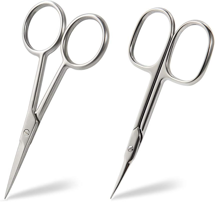 BEZOX Small Scissors 2 PCS Set - Nail Cuticle Scissors/Manicure Scissors Kit - Straight and Curved Blade Beauty Scissor for Beard/Mustache, Nose Hair, Ear Hair, Eyelashes and Eyebrow Trimming