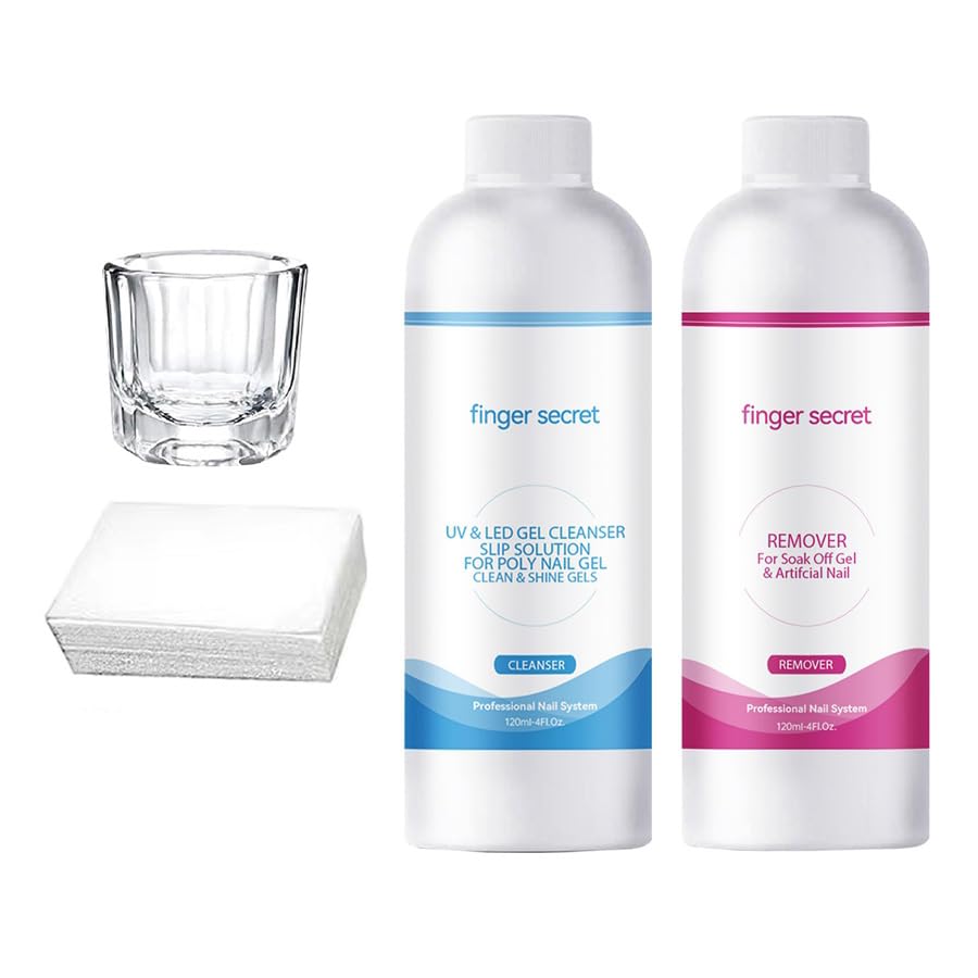Slip Solution for Poly Nail Gel and Nail Polish Gel Remover Kit Cleans and Removes Easily, Makes Nails Shiny and Smooth.Includes Glass Cup and 50 Cotton Pads