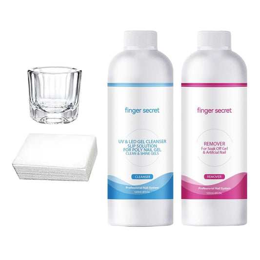Slip Solution for Poly Nail Gel and Nail Polish Gel Remover Kit Cleans and Removes Easily, Makes Nails Shiny and Smooth.Includes Glass Cup and 50 Cotton Pads