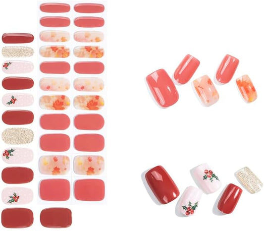 No Lamp Gel Nail Strips 44 Pcs Wraps - White Red + Maple Orange, Easy Apply Gel Nail Stickers Long Lasting, Salon-Quality, 4 Prep Pads, 2 File, 2 Wooden Stick