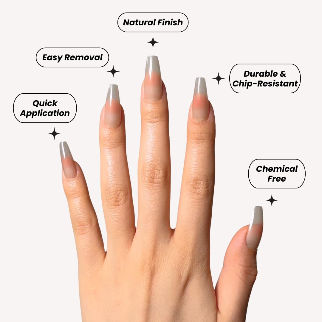 Perfect Look Press On Nails - Coral Blush | No Glue One-Day Medium Coffin Nails, Blush Pink Nude Nails with Glossy Finish - 24 Pcs Nail Kit with Adhesive Tabs