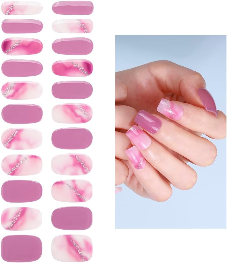 No Lamp Gel Nail Strips 22 Pcs Wraps - Halo Purple, Easy Apply Gel Nail Stickers Long Lasting, Salon-Quality, 2 Prep Pads, 1 File, 1 Wooden Stick