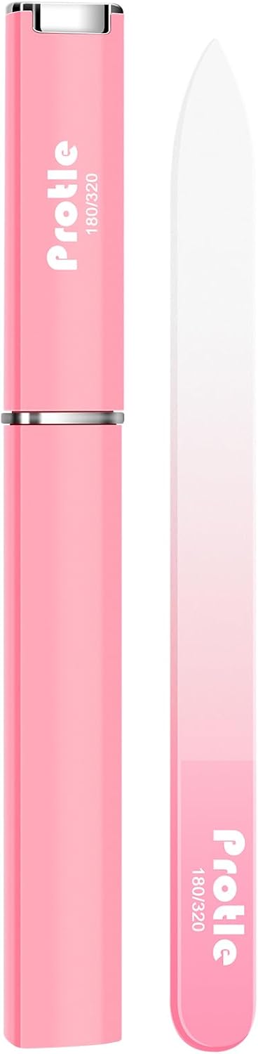 Glass Nail Files for Natural Nails，1Pack Double Sided 180/320 Crystal Nail Filer with Case,Professional Fingernail Files for Women Girls Gifts (Pink)