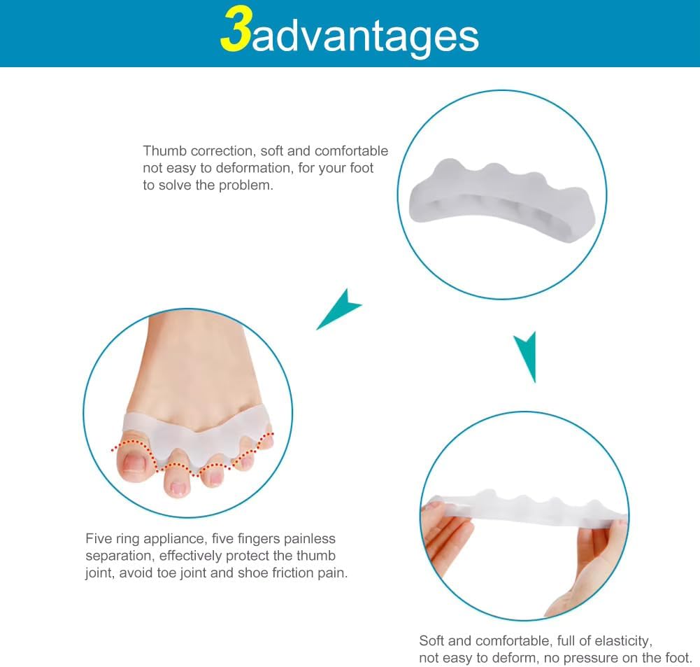 Kingjie Silicone Toe Spreaders for Men & Women - Correct Curled Toes, Bunion & Hammer Toe Support, Reusable & Washable Adjustable Unisex Toe Spacer（4 Pack） (White + Skin Color)