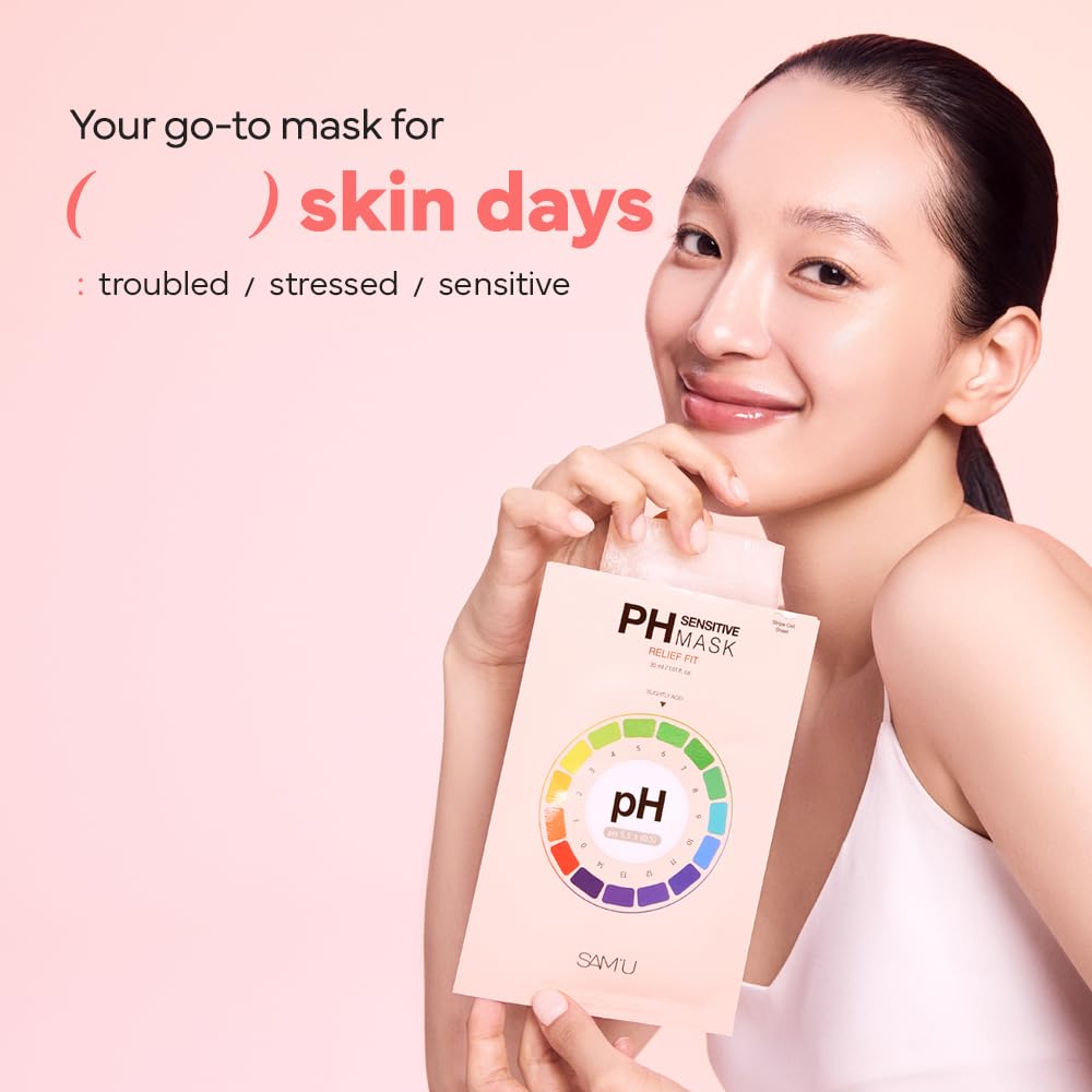 SAM’U PH Sensitive Relief Fit Face Mask – Redness-Reducing & Calming Vegan Sheet Mask with 5 Cica Complex and Tea Tree, Soothing Travel-Friendly Korean Skincare (5 Sheets)