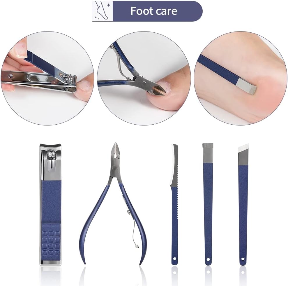 Multifunction Nail Clipper Set Pedicure Cutter Nail File Scissors Kit with Travel Case Stainless Steel Blue Manicure Set Tools (Color : 7pcs-Blue)
