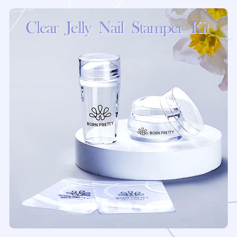 BORN PRETTY French Tip Nail Stamp,4Pcs Nail Art Stamper Kit with Scrapers,Clear Silicone Stamping Long & Short Jelly Stamper Nail Printing Tool for French Manicure Home DIY Salon