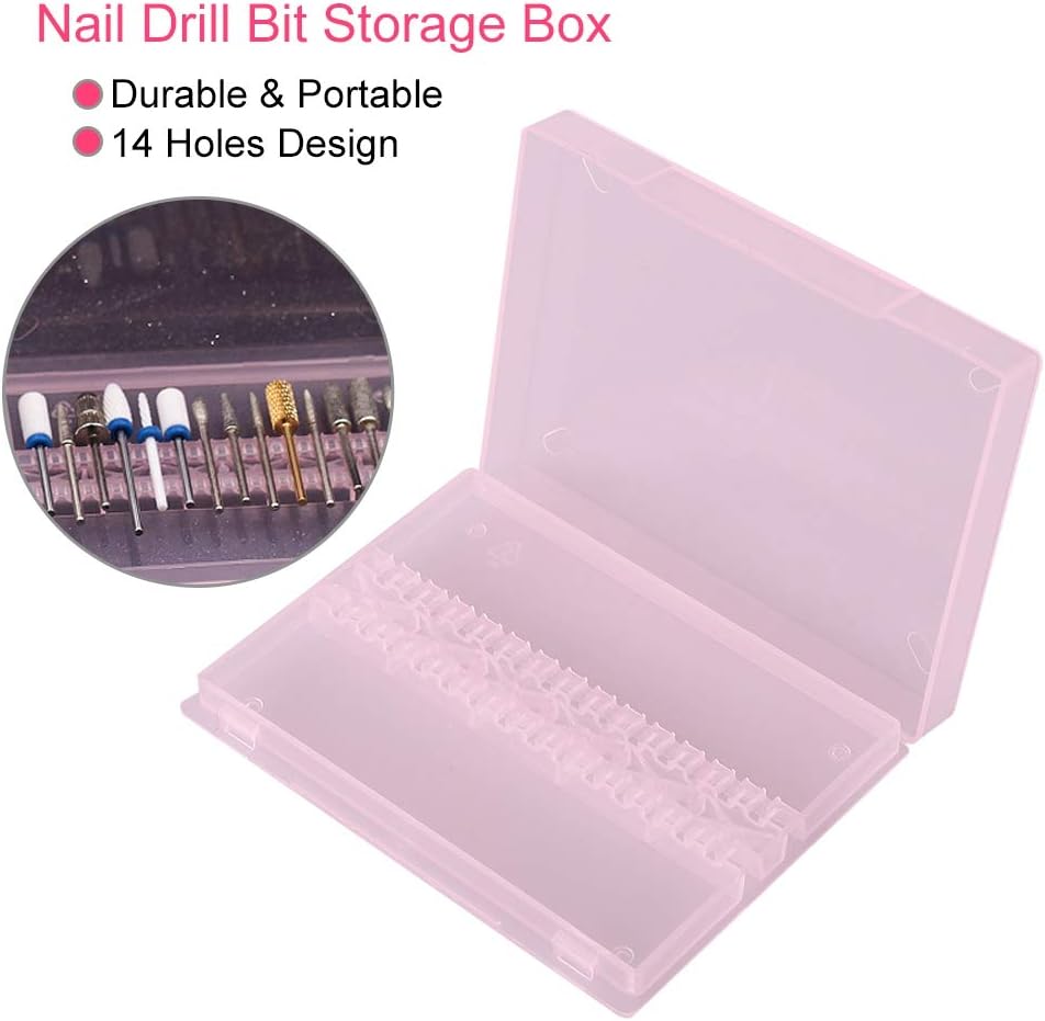 TOPINCN 14-Hole Nail Drill Bit Box, Modern Pink Storage Box for Nail Art Salon & Home Use