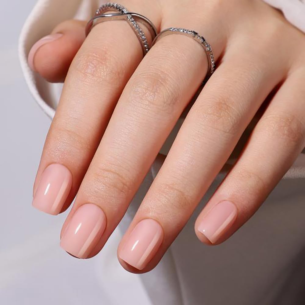 Press on Nails Short Square, Rosy Nude Fake Nails Kit, Fashion Glossy Acrylic Press on Nail, Natural Stick on Nail, Thick Reusable Glue on Nails Short Press On Nail for Women, 30Pcs