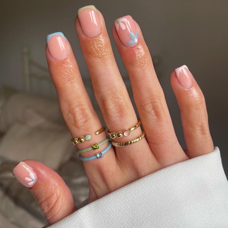 French Pink Press on Nails Short Square, Summer Fake Nails with Cute Blossom Pink Designs, Glossy Gel Finish Acrylic Nails, Thick Natural Reusable Glue on Nails Kit for Women, 24Pcs, Floral Blush