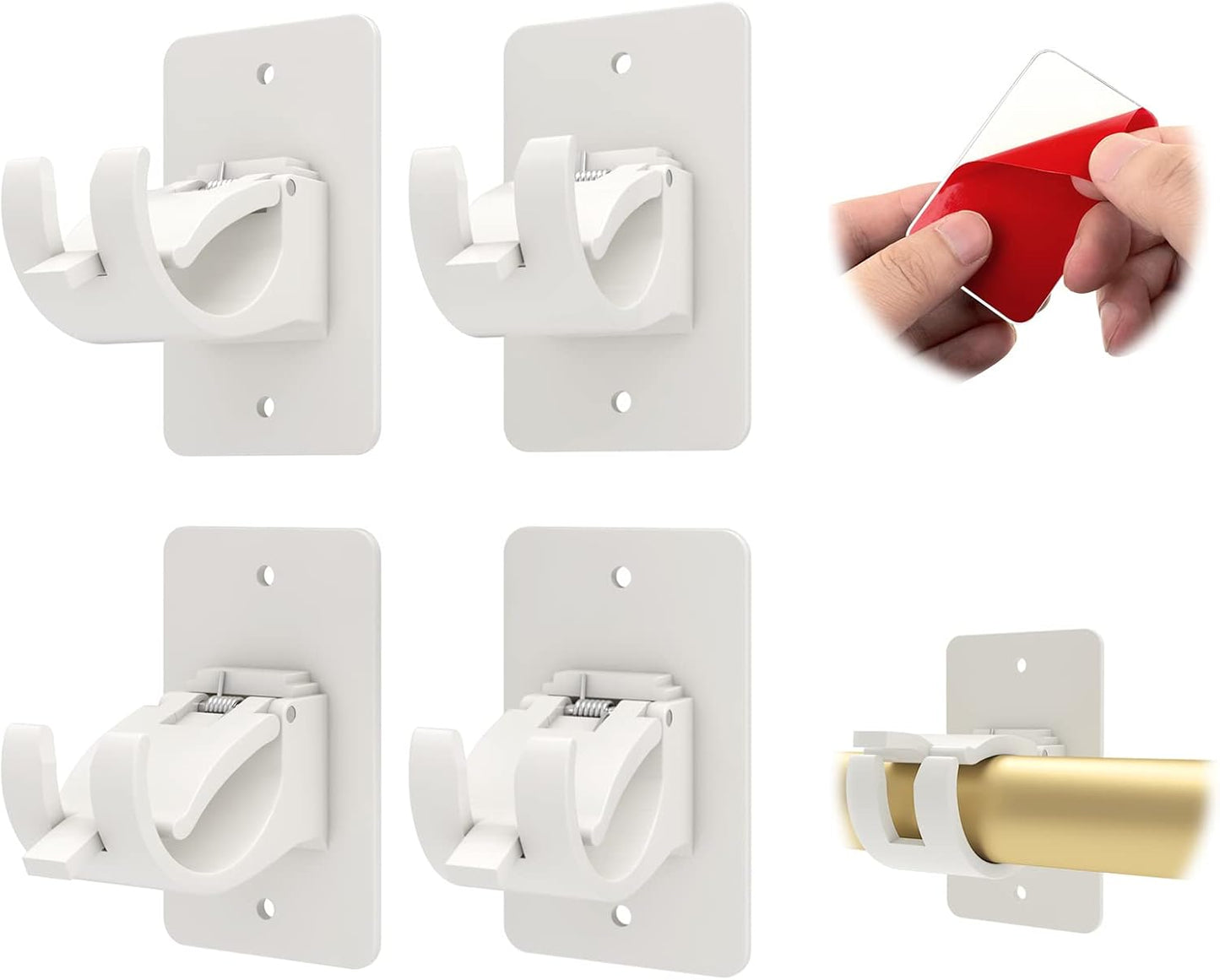 CIEMGNZOC 4PCS No Drill Curtain Brackets, Self-Adhesive Rod Holders, Nail Free Adjustable, Hooks for Rods Under 1.57 Inch (White)