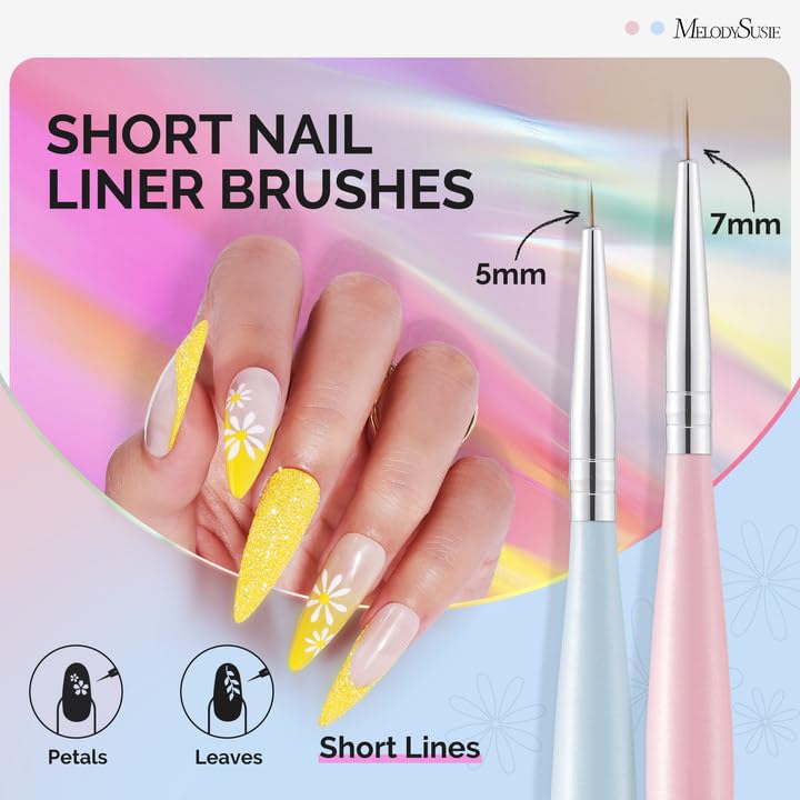 MelodySusie Nail Art Liner Brushes 5Pcs Professional Gel Polish Painting Art Design Pen Set for Thin Long Lines, Tiny Details, Fine Drawing, Delicate Coloring Sizes 5/7/9/11/20mm