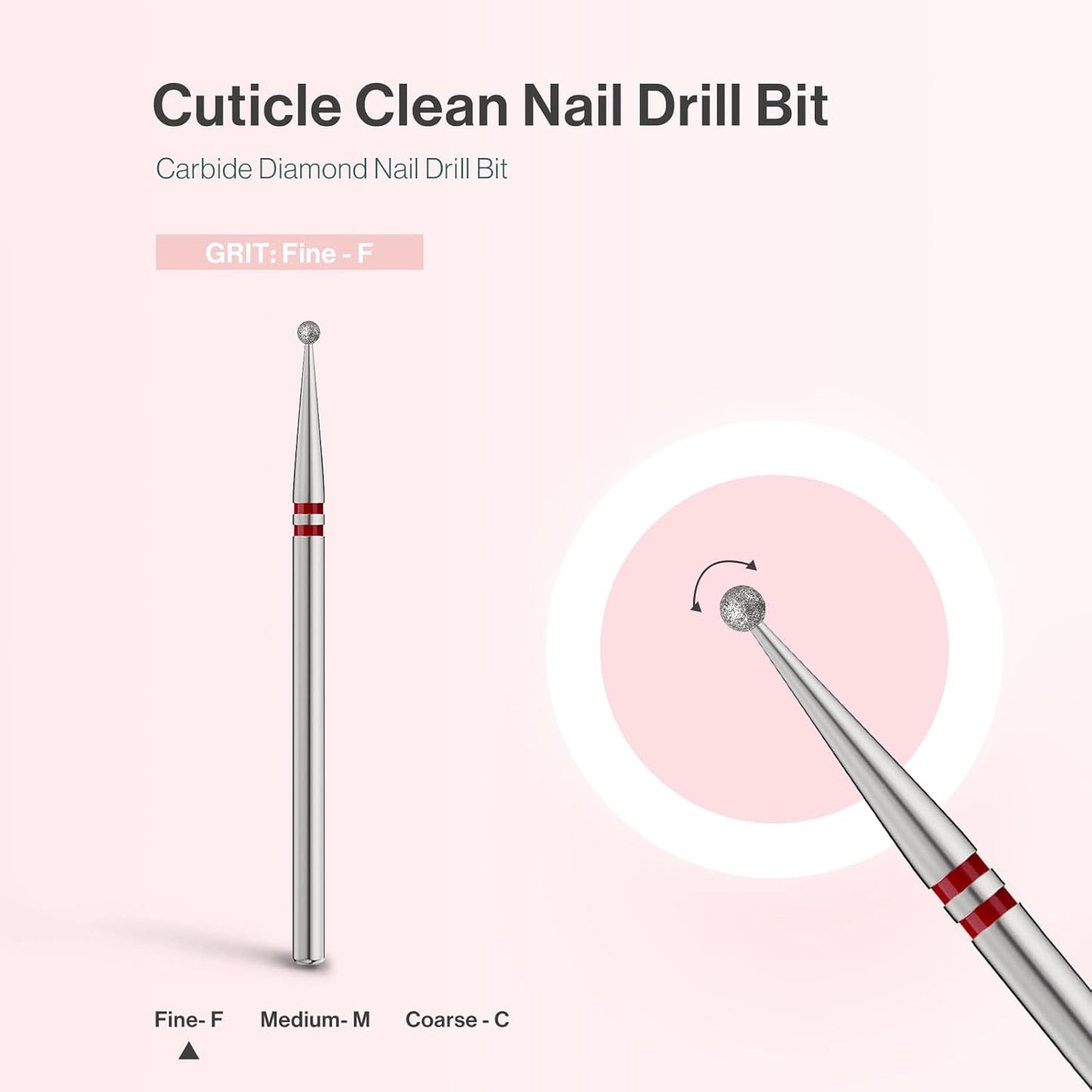 MelodySusie 1.8mm Ball Shape Cuticle Clean Nail Drill Bit 3/32'', Professional Safety Carbide Diamond Under Nail Cleaner for Cuticle Dead Skin Nail Prepare, Beginners Bits, Series Bit-S, Fine