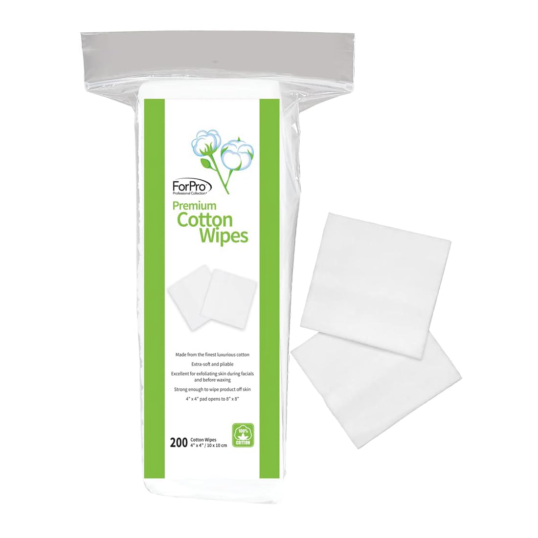 ForPro Professional Collection Premium Cotton Wipes, 100% Cotton, Extra-Soft, for Cosmetic, Nail, and Personal Care, 4” x 4”, 200-Count