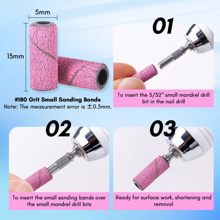 Makartt Sanding Bands for Nail Drill:50 Pcs Small Nail Sanding Files With 2025 Upgrade Design 3.1mm Mandrel Bits,180 Medium Grits (Pink, #180)