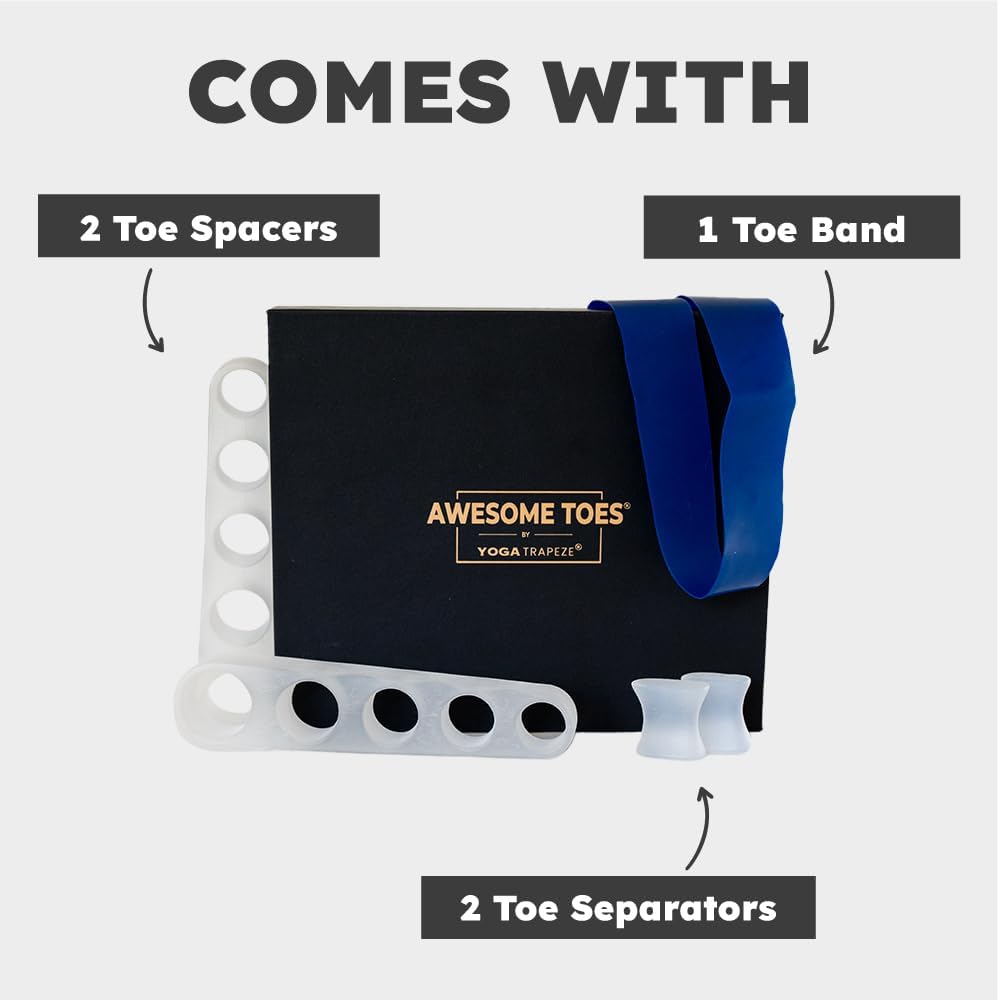 Awesome Toes Spacers & Separators Kit – Fast Relief for Hammertoe & Bunions | Includes Toe Stretch Band, Individual Toe Spacers & Full Toe Spacers for Walking, Running, & Yoga Practice | Large
