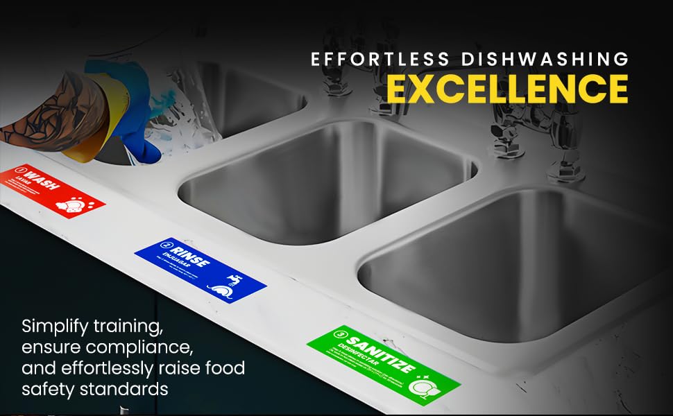 [Enhanced] Wash Rinse Sanitize Sink Labels, Hand Wash Only, and Employee Must Wash Hands | 3 Compartment Sink Stickers | Training Labels for Dishwashing | Food Service Operators (1 Set: 6 x 2 in)
