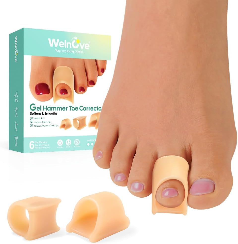 Welnove Hammertoe Corrector - 6 Pack Toe Splints - Soft Gel Toe Straighteners - Realign Bent, Curled, Crooked, Claw, Hammer Toes - Toe Corrector for Men and Women, Medium (Beige), FSA or HSA Eligible
