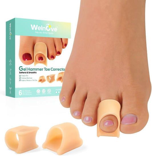 Welnove Hammertoe Corrector - 6 Pack Toe Splints - Soft Gel Toe Straighteners - Realign Bent, Curled, Crooked, Claw, Hammer Toes - Toe Corrector for Men and Women, Medium (Beige), FSA or HSA Eligible