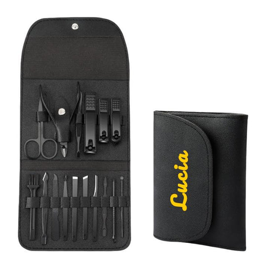 Custom Manicure and Pedicure Set, Customize 16 in 1 Nail Care Kit with Nail Clippers, Cuticle Trimmer, Tweezers, Metal File, Pedicure Tools for Home, Travel or Christmas Birthday Gift Use (Black)