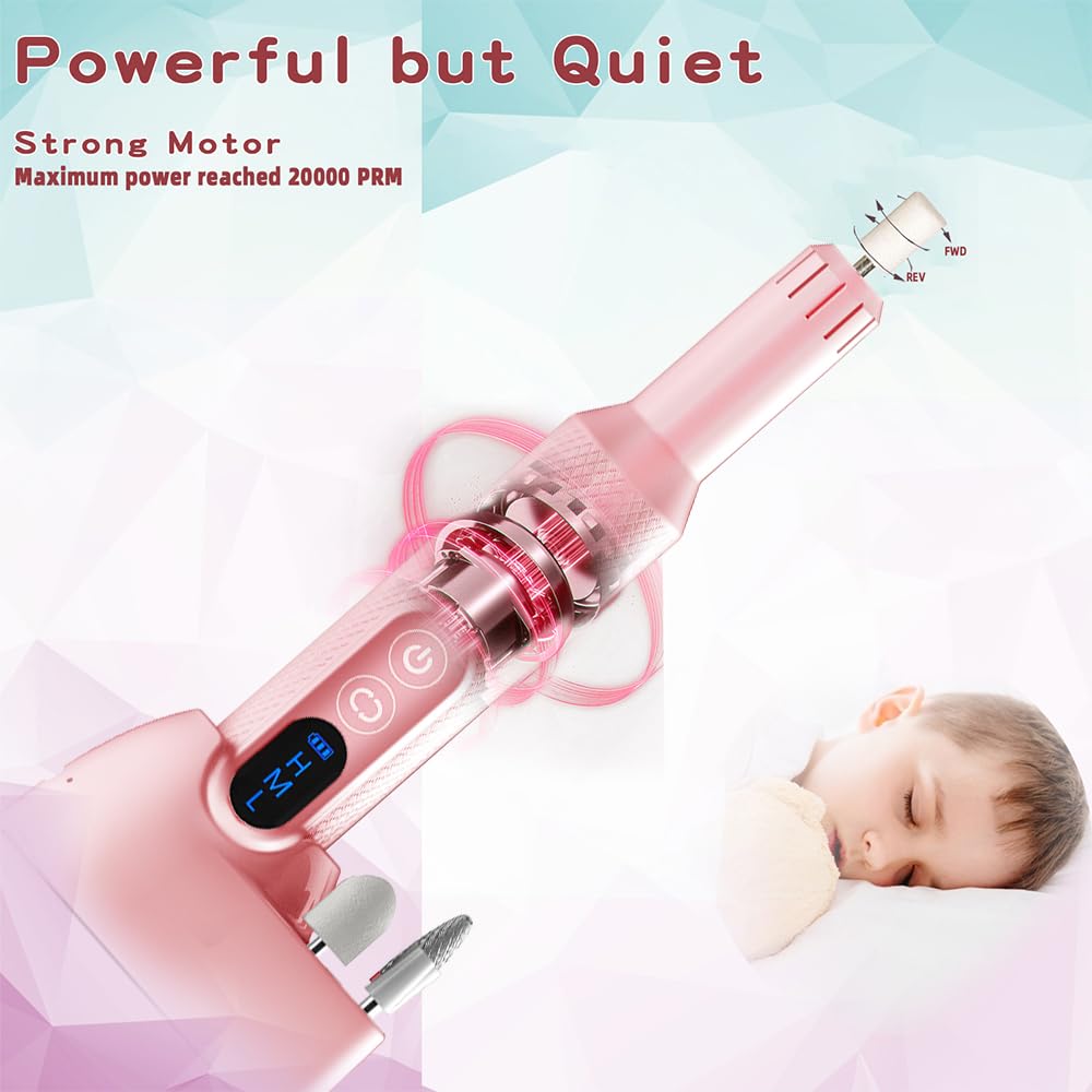 Pinkiou Electric Nail Drill, Cordless Electric Nail File ,Manicure Pedicure Kit for Acrylic,Gel Nails,Rechargeable Nail Drill,Professional Nail Grinder for Home Salon Use（Pink）