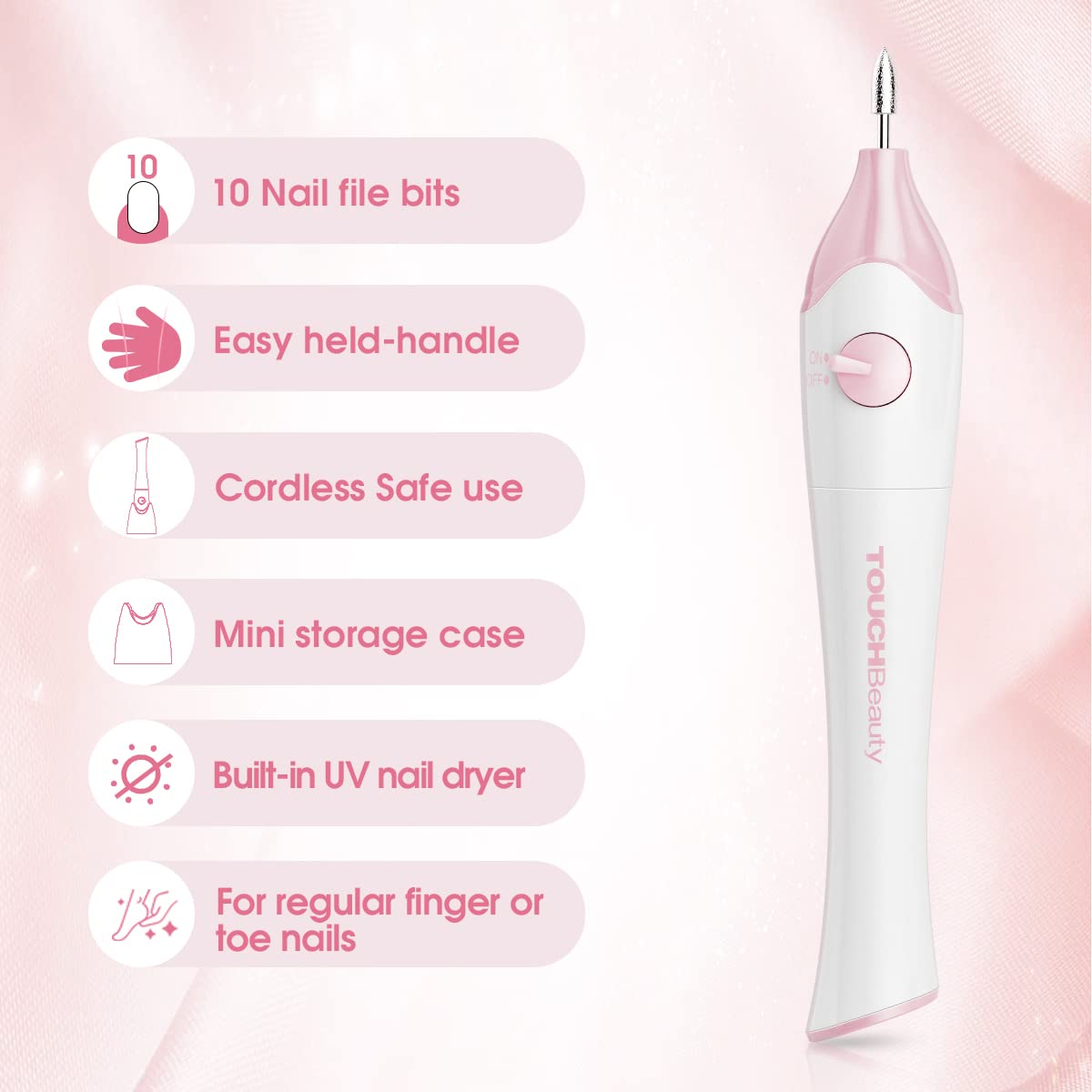 TOUCHBeauty Electric Nail Care Set - with UV Light Stand, 10pcs Nail Bits, Buffer Drill Polisher, Fingernails and Toenails Care Set, Pink