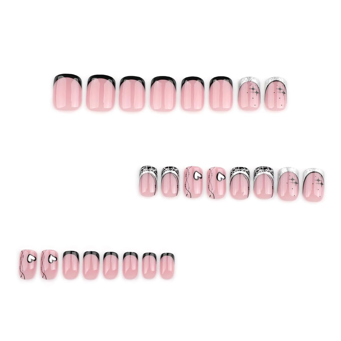 French Press On Nails Short Square, Pink Fake Nails with French Tips and Stellar Heart, Glitter Designs, Glossy Gel Finish Acrylic Short Press On Nails, Thick Reusable Glue On Nails Kit for Women