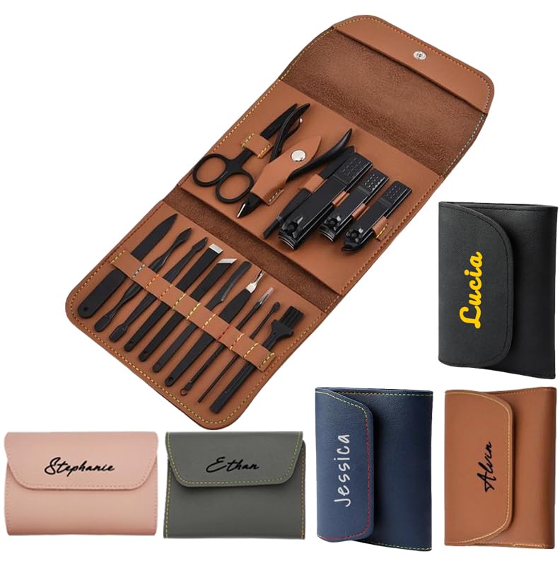 Custom Manicure and Pedicure Set, Customize 16 in 1 Nail Care Kit with Nail Clippers, Cuticle Trimmer, Tweezers, Metal File, Pedicure Tools for Home, Travel or Christmas Birthday Gift Use (Brown)