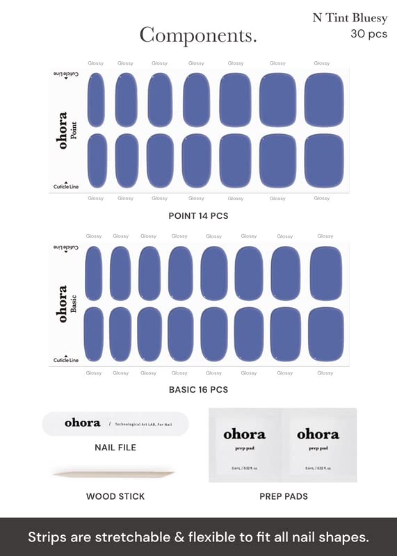 ohora Semi Cured Gel Nail Strips (N Tint Bluesy) - Blue, Tint, Works with Any UV/LED Lamps, Salon-Quality, Long Lasting, Easy to Apply & Remove - Includes 2 Prep Pads, Nail File & Wooden Stick